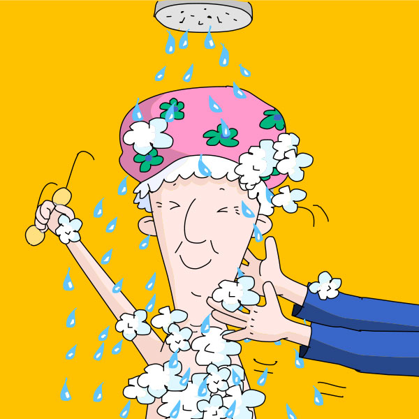 Eine farbenfrohe Illustration einer älteren Dame, die fröhlich unter der Dusche steht, während sie bei der Körperpflege unterstützt wird, was auf die persönliche und respektvolle Pflege durch den Pflegedienst AML hinweist.