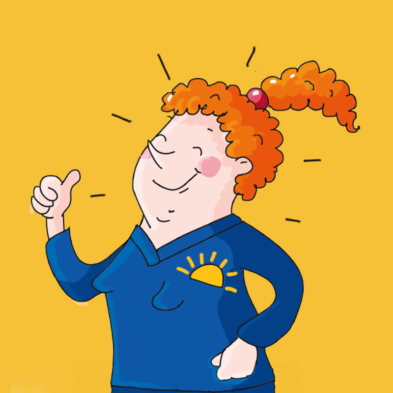 Eine Illustration einer fröhlichen Pflegekraft mit hochgestrecktem Daumen und einem strahlenden Gesicht, die die positive und motivierte Einstellung des Pflegedienstes AML repräsentiert.