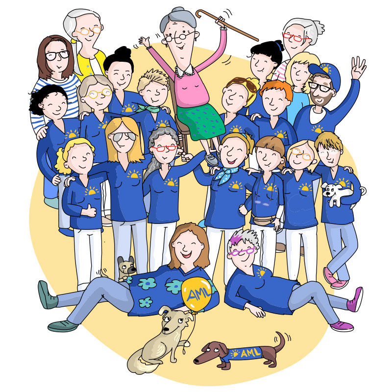 Farbenfrohe Illustration eines Pflegeteams, das eine ältere Frau hochhebt und feiert. Dies symbolisiert den Zusammenhalt und die fürsorgliche Betreuung bei Pflegedienst AML.