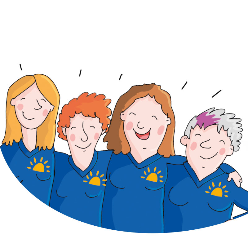 Fröhliche Illustration eines Pflege-Teams, das für die herzliche und persönliche Pflege steht, die der Pflegedienst anbietet.